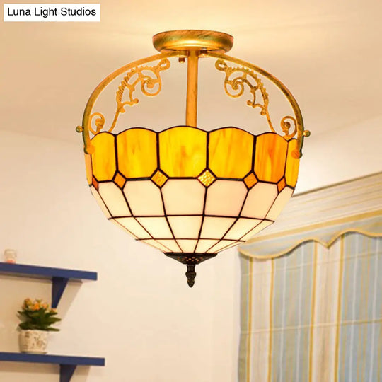 Baroque Semi Flush Mount Ceiling Light With Grid Pattern Cut Glass - 2 Lights In Yellow/Orange/Blue
