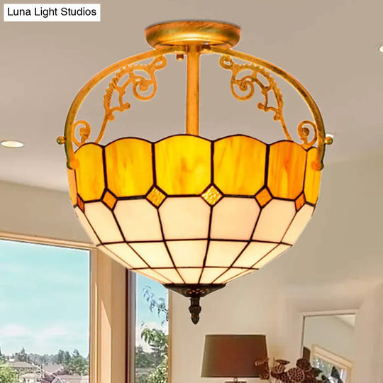 Baroque Semi Flush Mount Ceiling Light With Grid Pattern Cut Glass - 2 Lights In Yellow/Orange/Blue