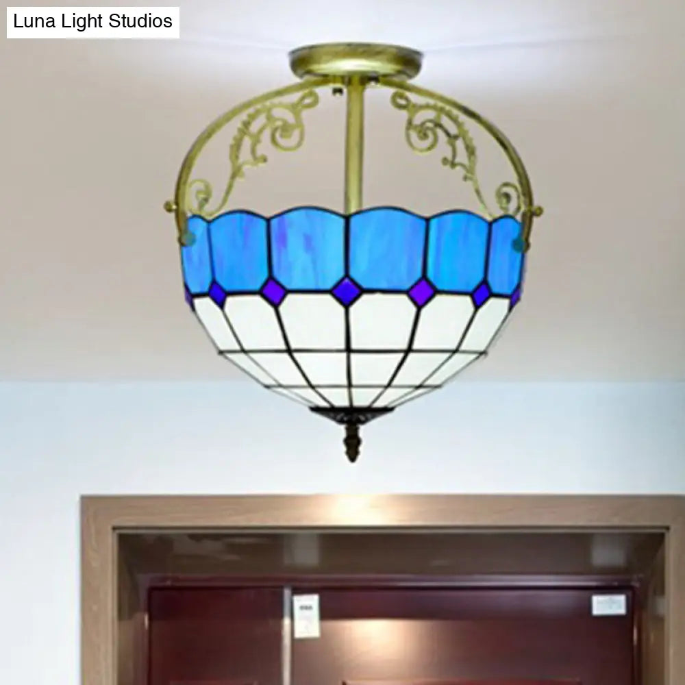 Baroque Semi Flush Mount Ceiling Light With Grid Pattern Cut Glass - 2 Lights In Yellow/Orange/Blue