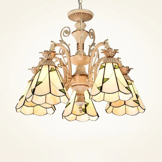 Baroque Stained Glass Chandelier With 3/5 Lights In White And Gold 5 / White-Gold