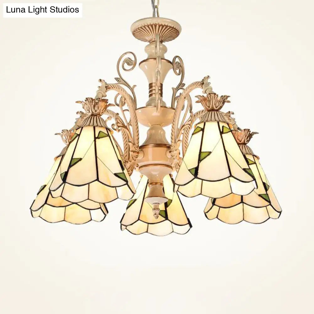 Baroque Stained Glass Chandelier With 3/5 Lights - White And Gold 5 / White-Gold