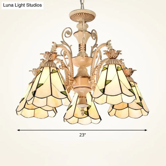 Baroque Stained Glass Chandelier With 3/5 Lights In White And Gold