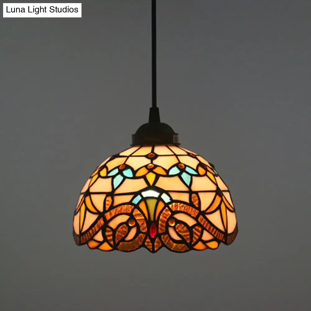 Brown Baroque Stained Glass Pendant Light For Restaurant Ceiling / 8 Cord