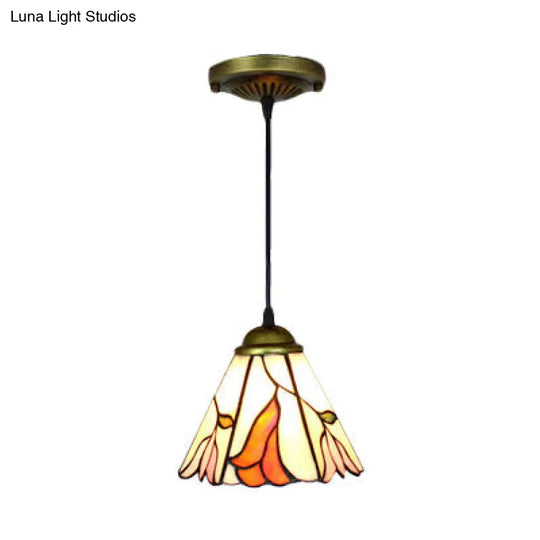 Baroque Stained Glass Pendant Light In Orange Pink For Dining Room