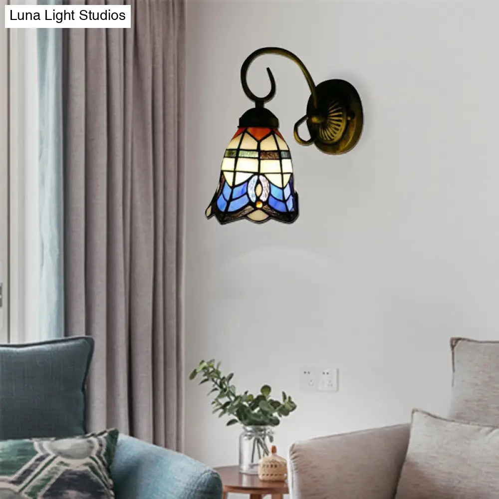 Baroque Style Grid Bell Wall Light Stained Glass Sconce For Kitchen - Beige (8/6 W) / 6