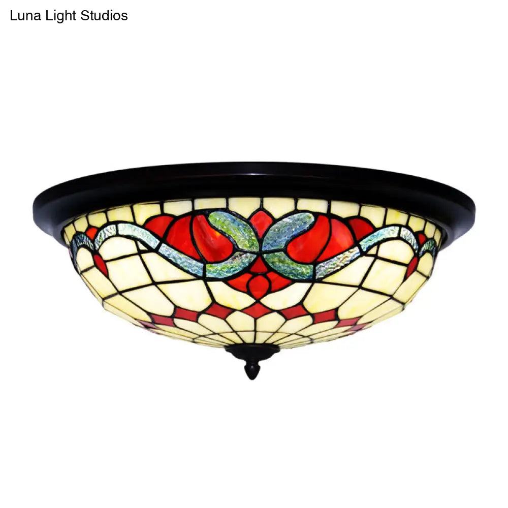 Baroque Style Led Ceiling Light For Bedroom - Stained Glass Black Flushmount Bowl Shape