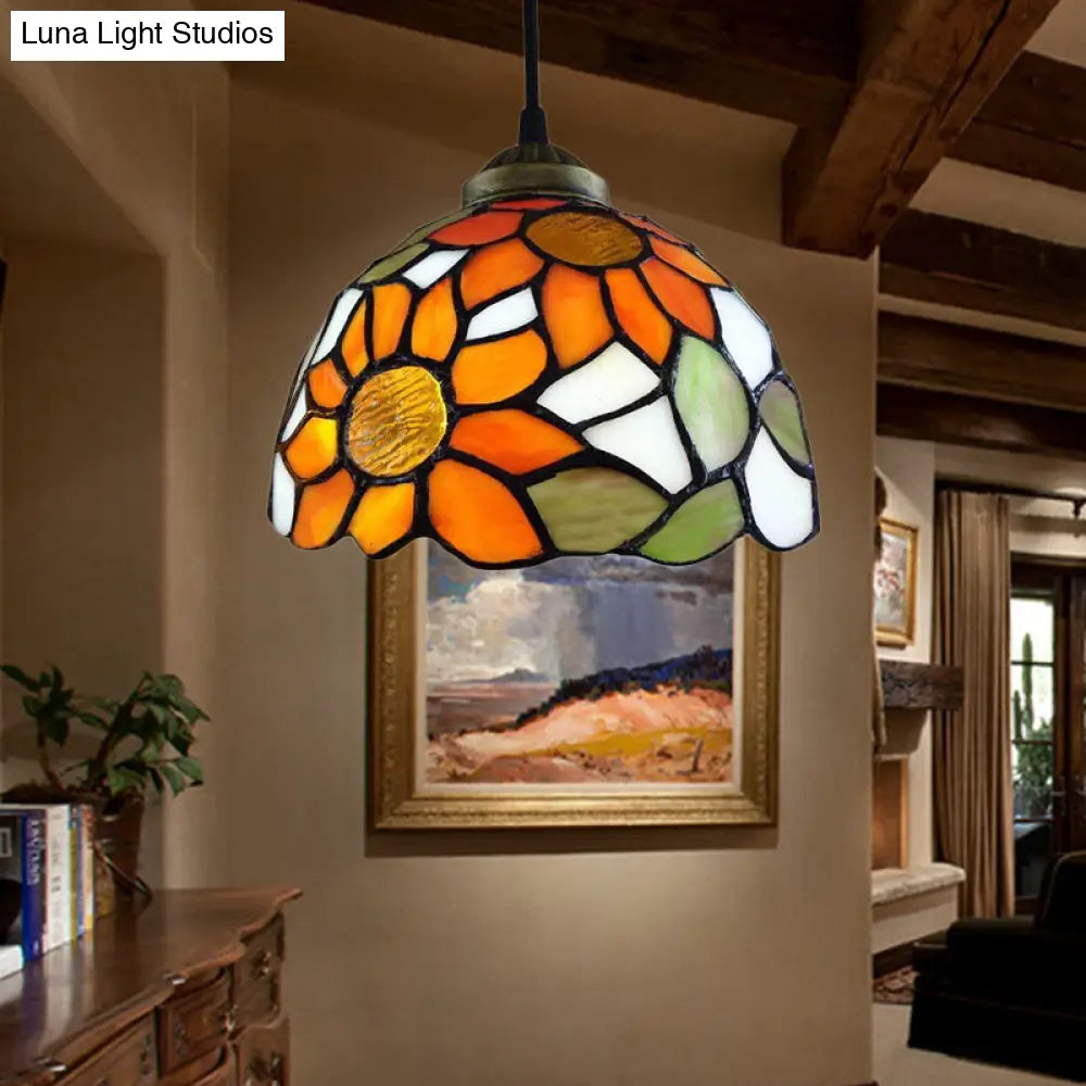 Orange Stained Glass Ceiling Light With Baroque Bowl Design For Living Room