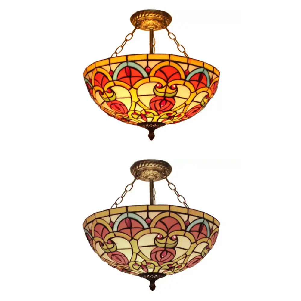 Baroque Style Stained Glass Ceiling Light Semi Flush Mount Fixture For Bedroom