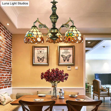 Baroque Style Stained Glass Pendant Lamp - Antique Brass; 3-Light Hanging Light