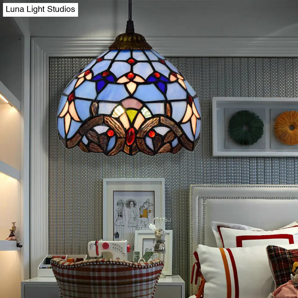 Blue Baroque Stained Glass Pendant Light For Dining Room