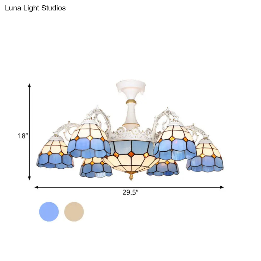 Baroque White/Blue/Silver Glass 9-Light Ceiling Light Fixture For Bedroom