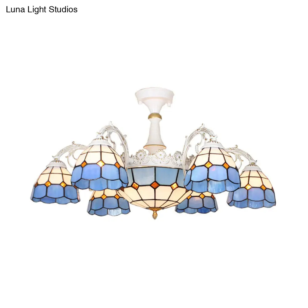 Baroque White/Blue/Silver Glass 9-Light Ceiling Light Fixture For Bedroom
