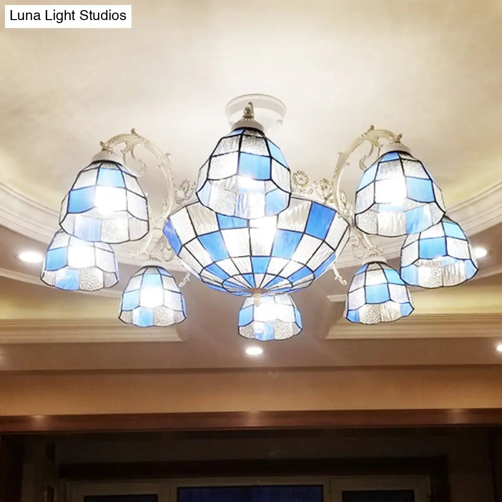 Baroque White/Blue/Silver Glass 9-Light Ceiling Light Fixture For Bedroom Blue