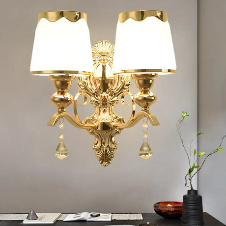 Barrel Shade Opal Glass Wall Lamp - Modern 2-Light Fixture For Bedroom In Gold