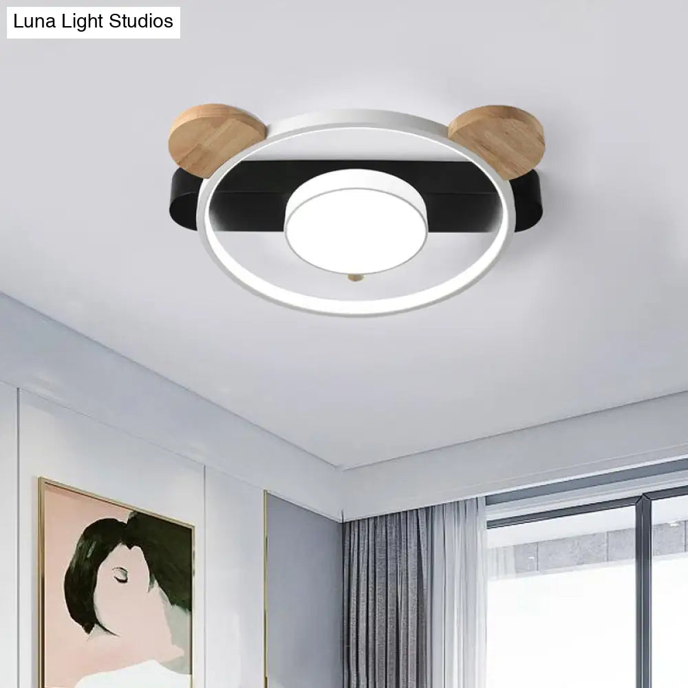 Bear Design Acrylic Led Ceiling Flush Light - Cartoon White/Green Wood Finish