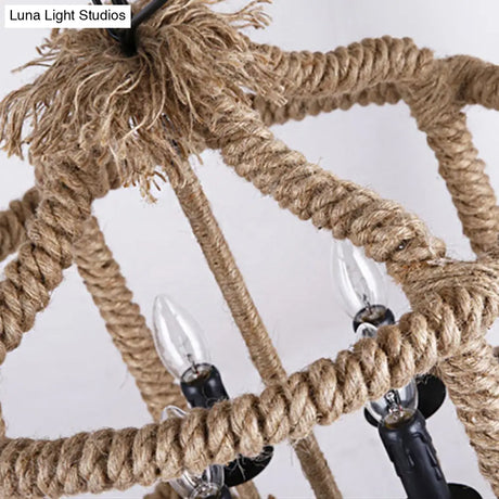 Beige 4-Light Chandelier: Traditional Rope Cylinder Pendant Lamp For Dining Room