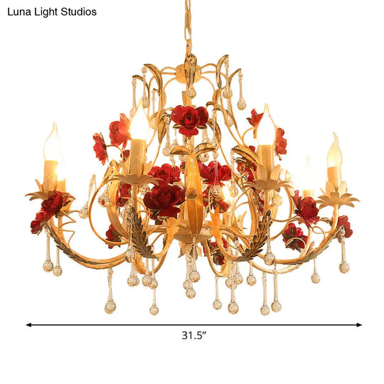 Beige 6-Light Chandelier Lamp: Korean Garden Hanging Pendant Light With Crystal Decor