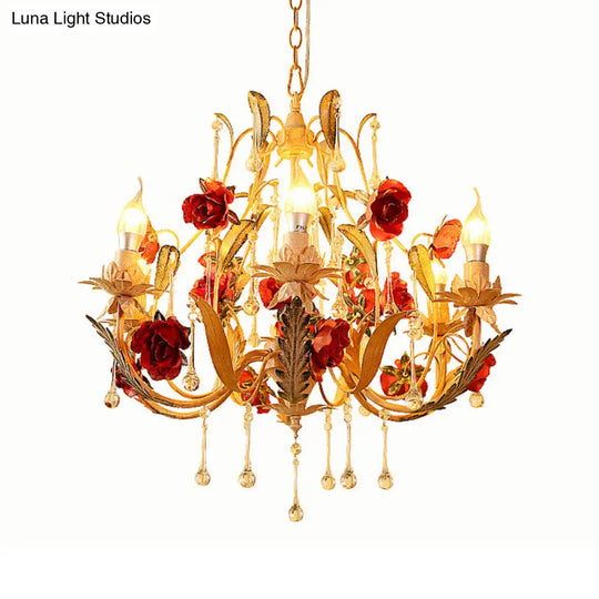 Beige 6-Light Chandelier Lamp: Korean Garden Hanging Pendant Light With Crystal Decor
