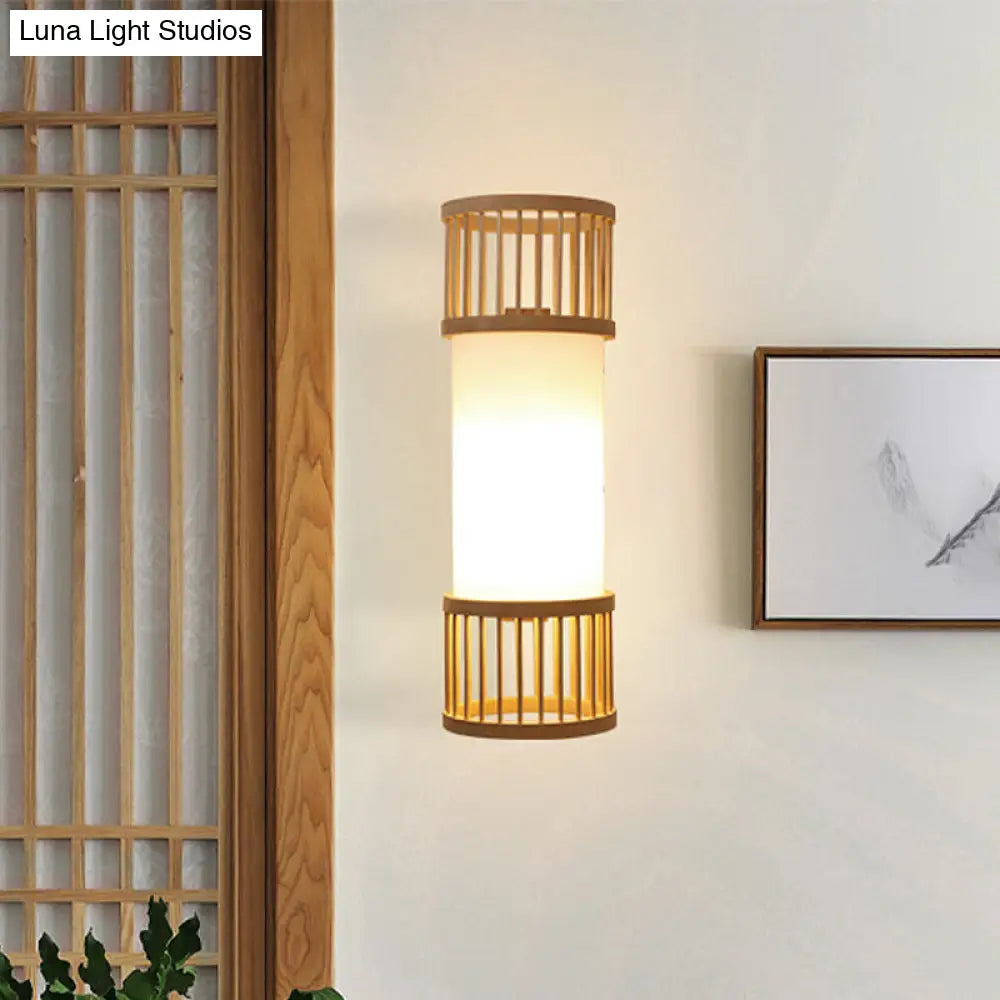 Beige Asian Wall Sconce With Wooden Shade - Single Bulb Cylinder Lighting