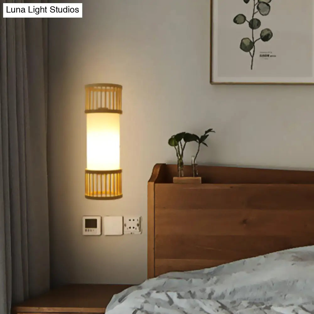 Beige Asian Wall Sconce With Wooden Shade - Single Bulb Cylinder Lighting