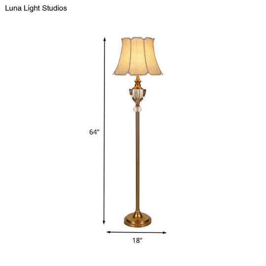 Beige Crystal Bowl Floor Lamp: Countryside Stand Up Light With Bell Fabric Shade