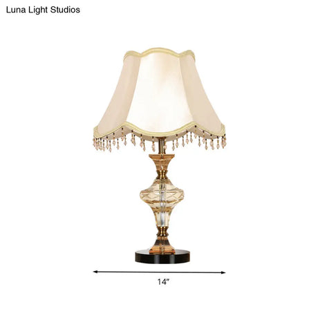 Beige Crystal-Drapped Bell Nightstand Lamp | Lodge Bedroom Light
