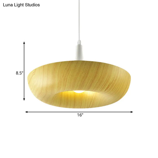 Beige Minimalist Donut Pendant Light With Wood Grain Texture: Stylish Aluminum Single Lamp For