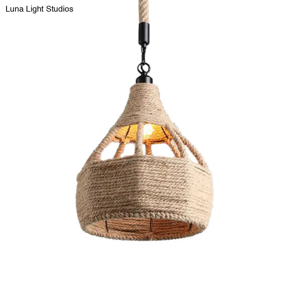 Beige Farmhouse Ceiling Light With Rope Detail - 1-Bulb Pendant Lamp For Coffee Shops 8 Or 15 Wide
