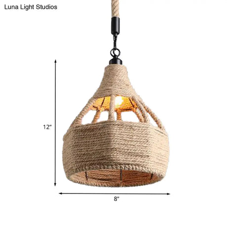 Beige Farmhouse Ceiling Light With Rope Detail - 1-Bulb Pendant Lamp For Coffee Shops 8’ Or 15’ Wide