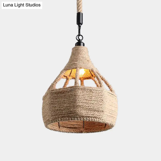 Beige Farmhouse Ceiling Light With Rope Detail - 1-Bulb Pendant Lamp For Coffee Shops 8’ Or 15’ Wide