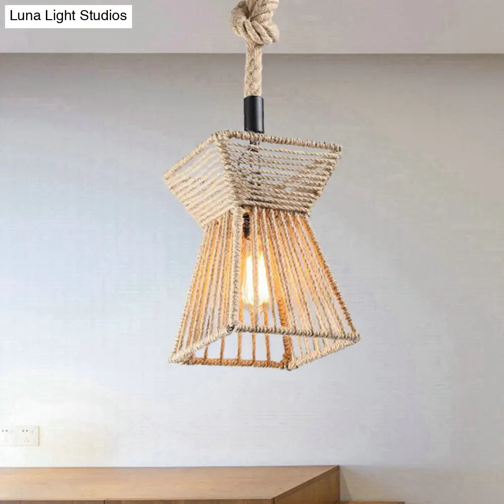 Beige Farmhouse Ceiling Light With Rope Detail - 1-Bulb Pendant Lamp For Coffee Shops 8 Or 15 Wide /