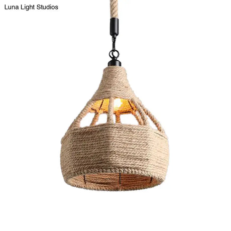 Beige Farmhouse Ceiling Light With Rope Detail - 1-Bulb Pendant Lamp For Coffee Shops 8’ Or 15’ Wide