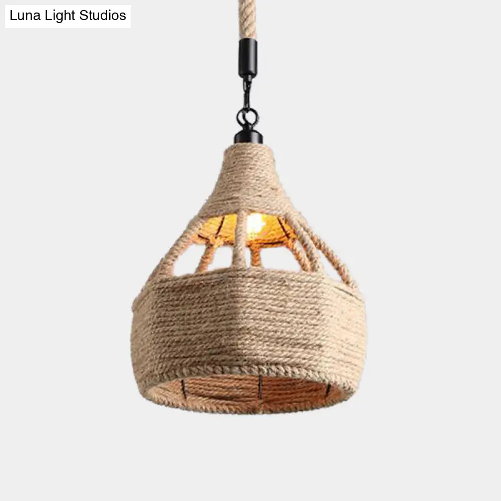 Beige Farmhouse Ceiling Light With Rope Detail - 1-Bulb Pendant Lamp For Coffee Shops 8 Or 15 Wide