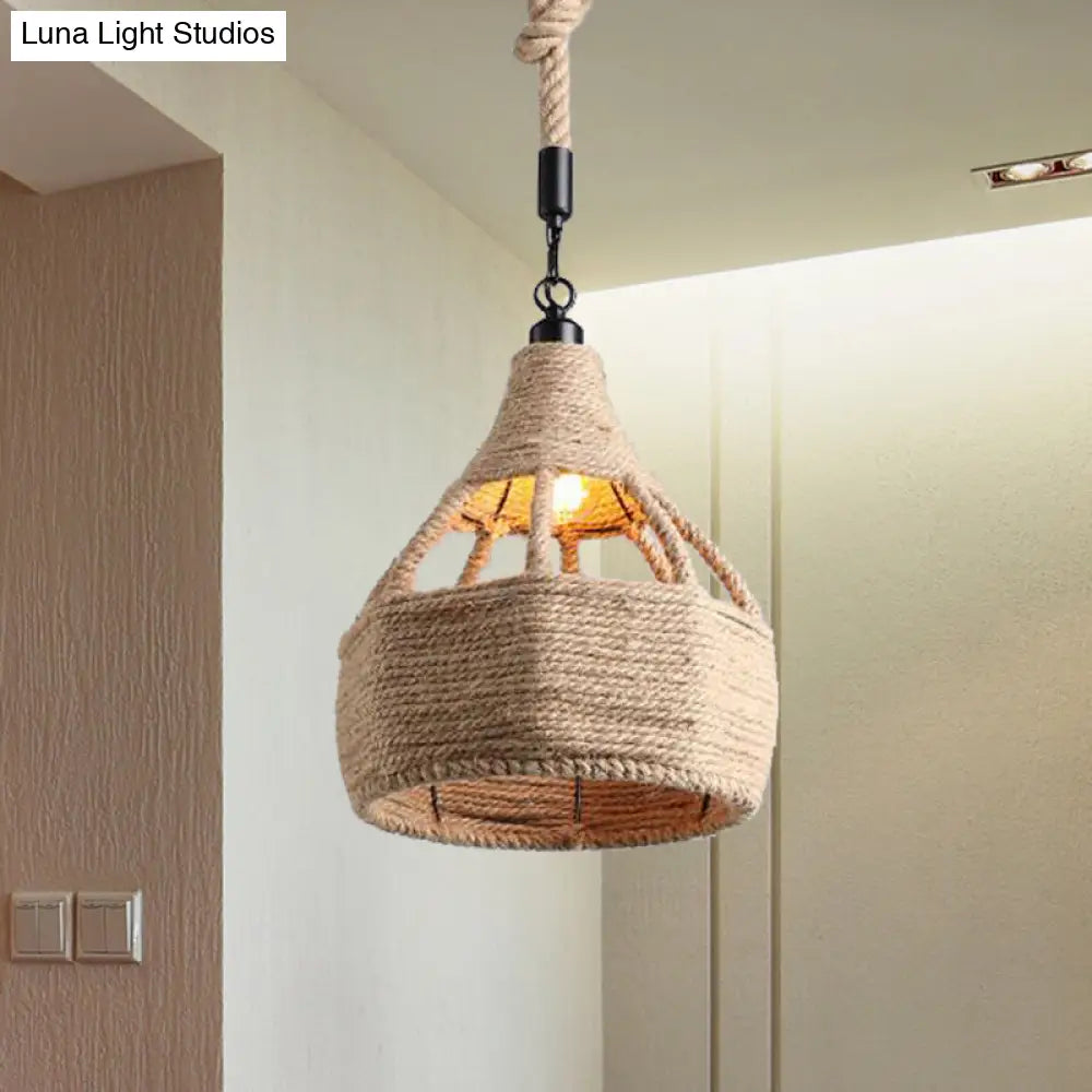 Beige Farmhouse Ceiling Light With Rope Detail - 1-Bulb Pendant Lamp For Coffee Shops 8’ Or 15’ Wide