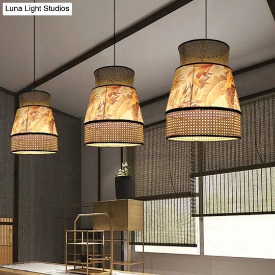 Beige Flared Hanging Pendant Light - Chinese 1 Head Ceiling Lamp With Rattan Shade