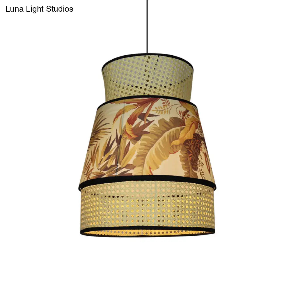 Beige Flared Hanging Pendant Light - Chinese 1 Head Ceiling Lamp With Rattan Shade