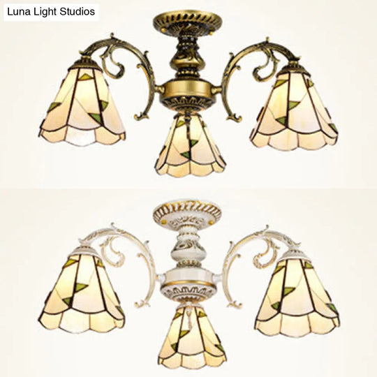 Beige Glass 3-Light Semi Flush Lamp In White/Antique Brass For Dining Room