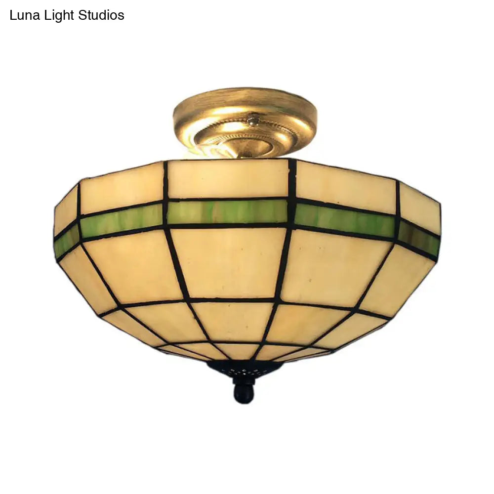 Traditional Beige Glass Bowl Indoor Semi Flush Light For Living Room