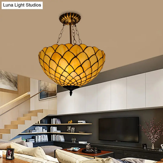 Beige Glass Semi Flush Light With Baroque Style Domed Shade - Ceiling Mounted Fixture