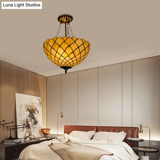 Beige Glass Semi Flush Light With Baroque Style Domed Shade - Ceiling Mounted Fixture