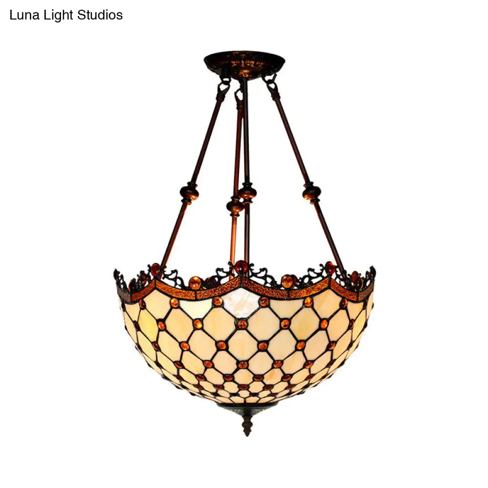 Beige Glass Semi Flush Tiffany Style Ceiling Mount With Beaded Accents - 16/18 Wide 2-Light Fixture