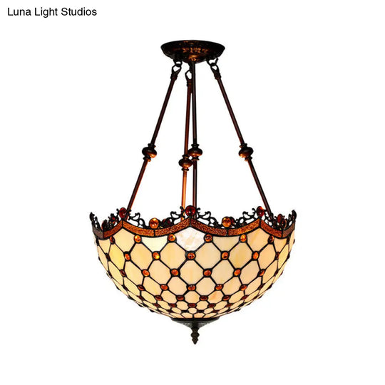 Beige Glass Semi Flush Tiffany Style Ceiling Mount With Beaded Accents - 16/18 Wide 2-Light Fixture