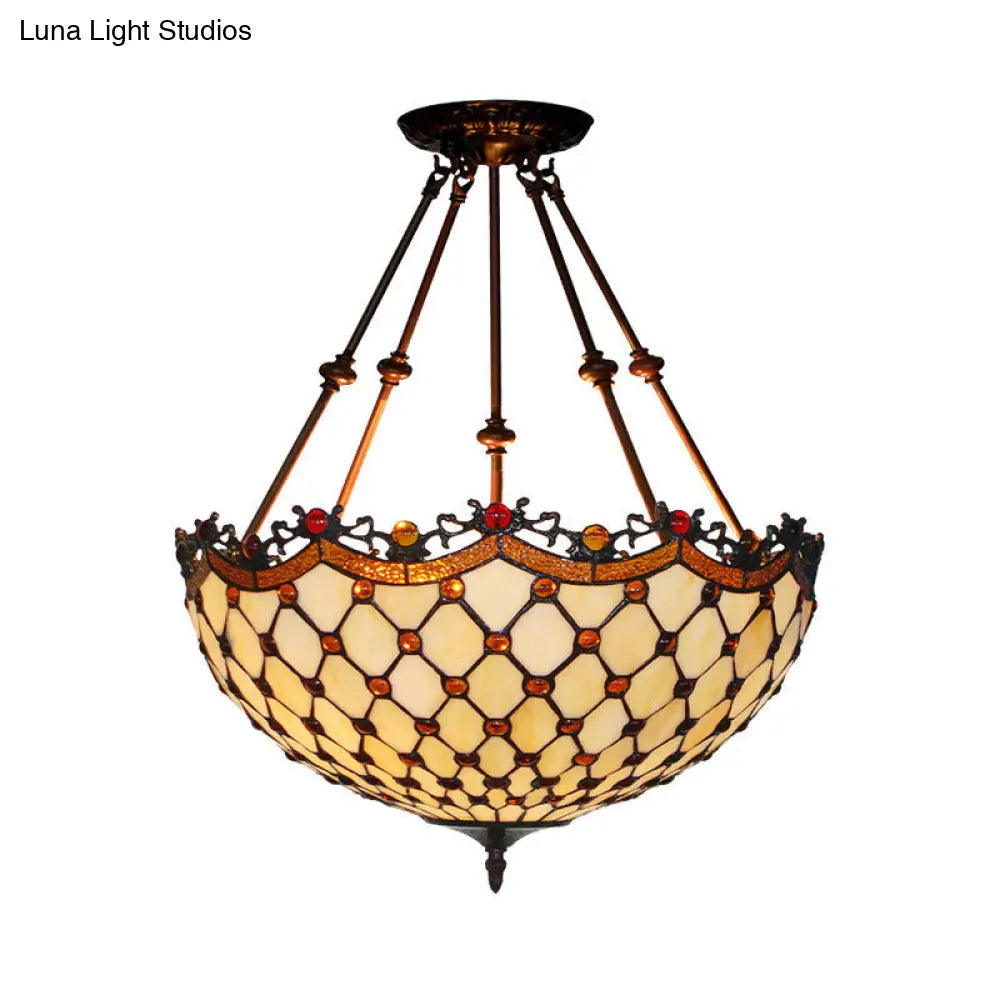 Beige Glass Semi Flush Tiffany Style Ceiling Mount With Beaded Accents - 16/18 Wide 2-Light Fixture