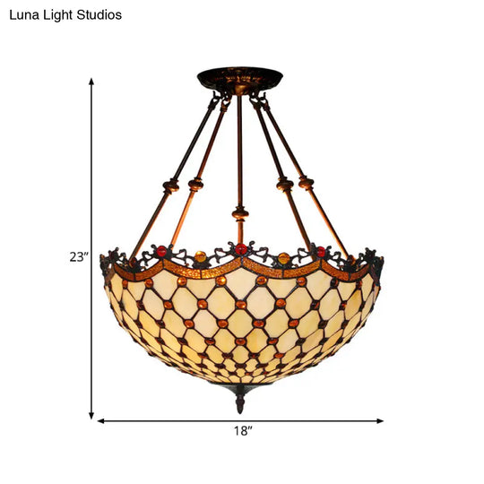 Beige Glass Semi Flush Tiffany Style Ceiling Mount With Beaded Accents - 16’/18’ Wide 2-Light