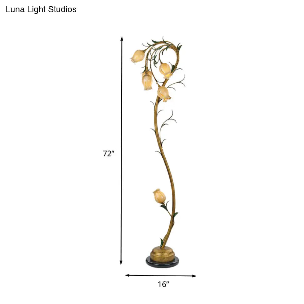 Beige Glass Tree Floor Lamp: Rural Floral Bedroom Standing Light In Brass - 6 Lights