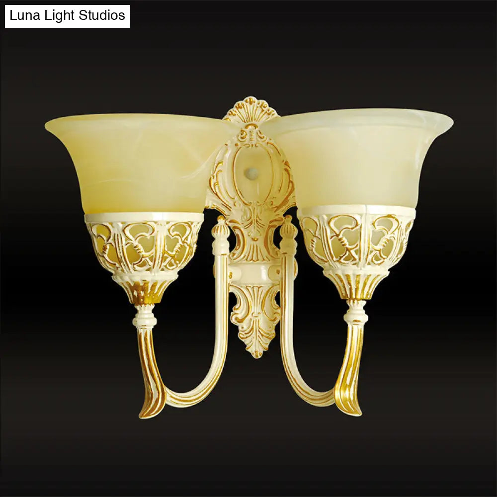 Beige Glass Wall Mounted Retro Light: 2-Head Living Room Sconce Lamp With Curved Arm