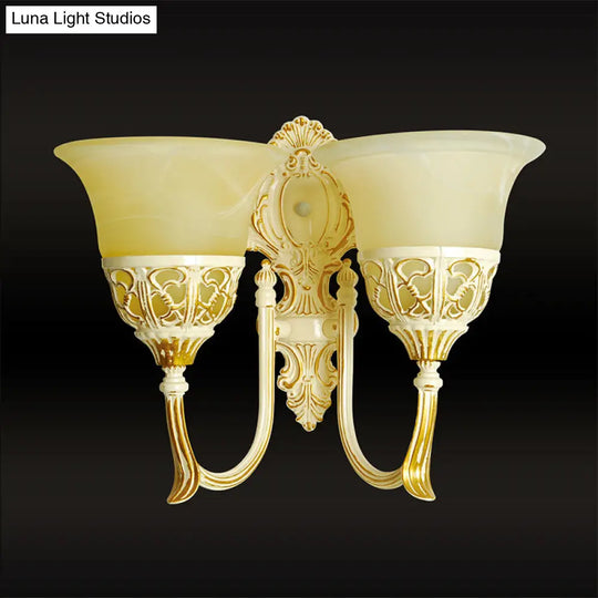 Beige Glass Wall Mounted Retro Light: 2-Head Living Room Sconce Lamp With Curved Arm