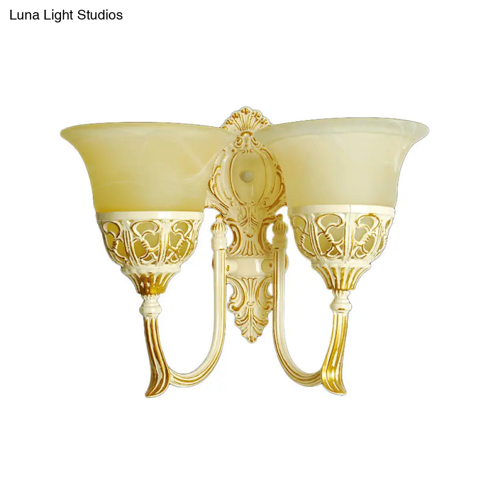 Beige Glass Wall Mounted Retro Light: 2-Head Living Room Sconce Lamp With Curved Arm