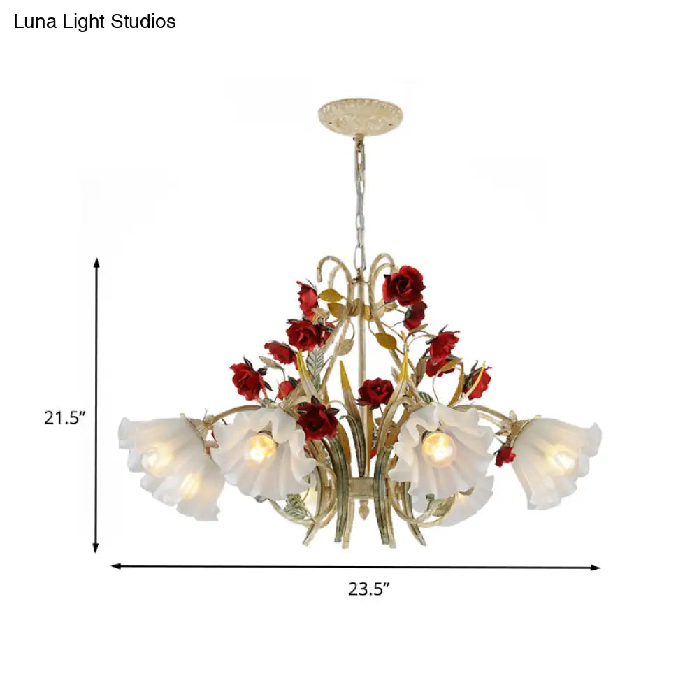 Beige Hanging Chandelier - Pastoral Metal Scalloped Pendant Light With Flower Accent 3/6/8 Lights