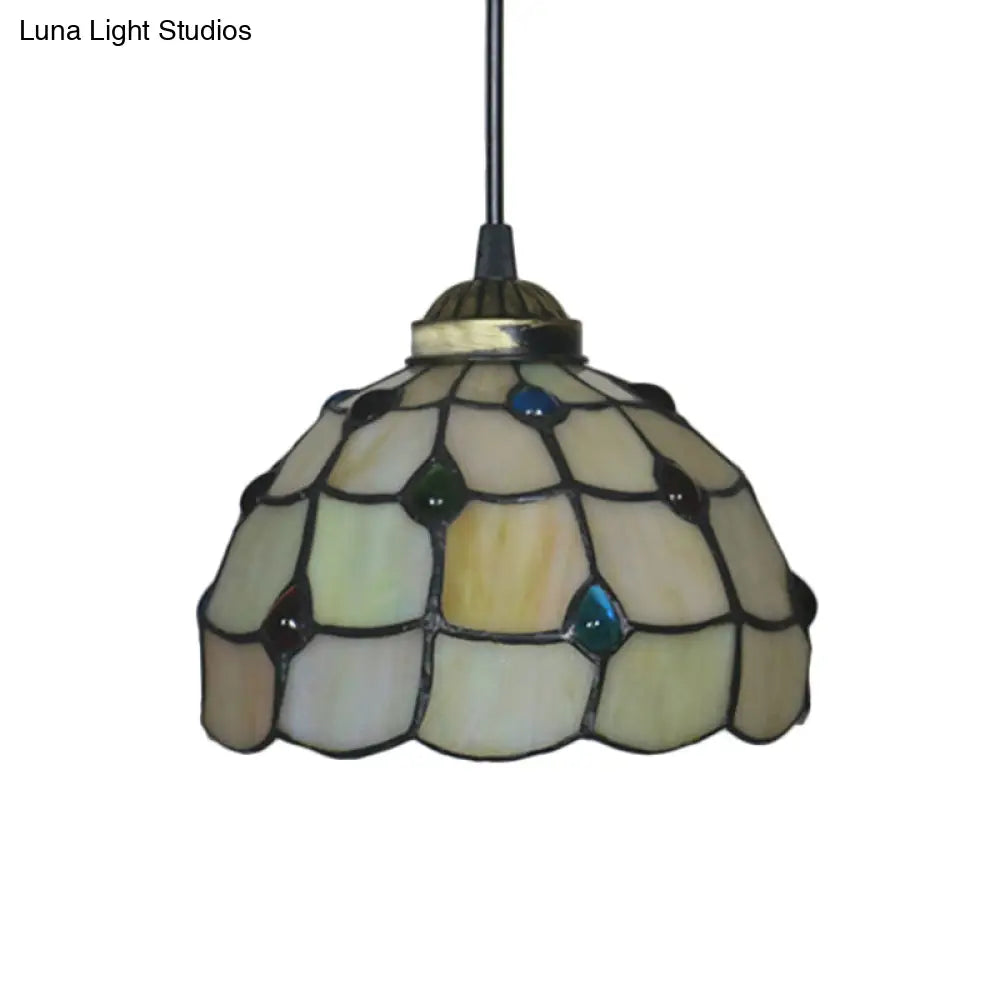 Beige Stained Glass Pendant Lamp: Beaded Tiffany Hanging Light Kit - 8/12 Wide Ideal For Study